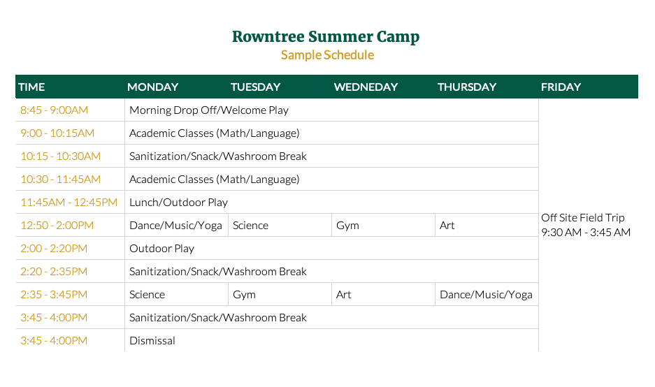 RMS Summer Camp Schedule Sample
